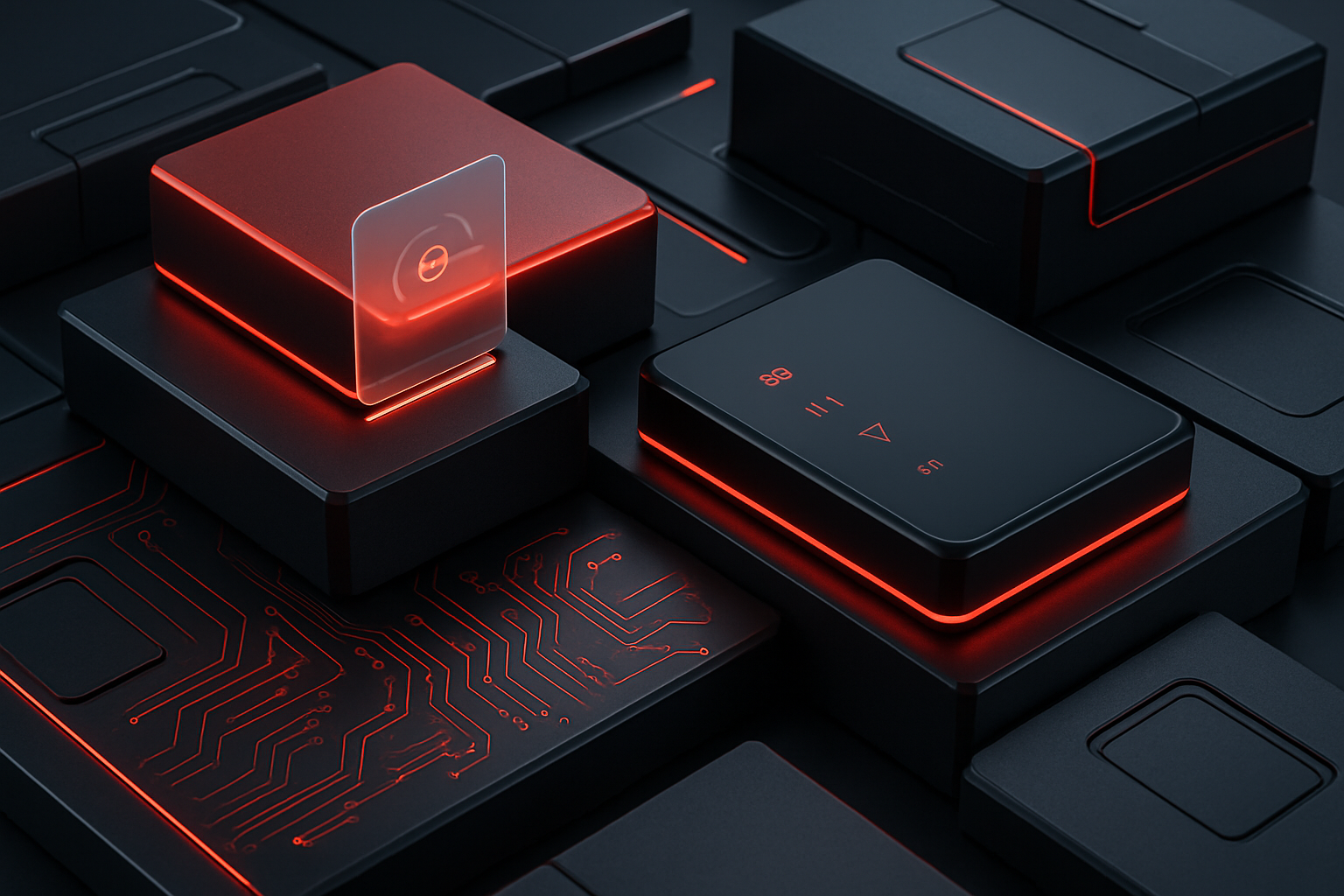 red, black and grey block with a tech vibe